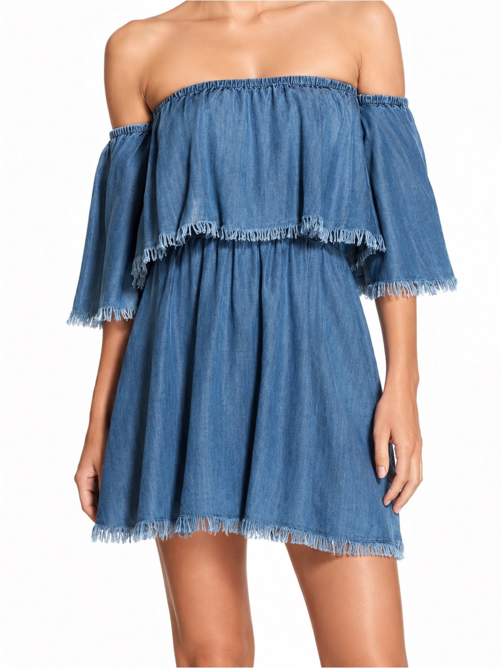 NWT ELAN Ivy & Leo Off Shoulder 100% Tencel Denim Boho Top Size Small Frayed Hem